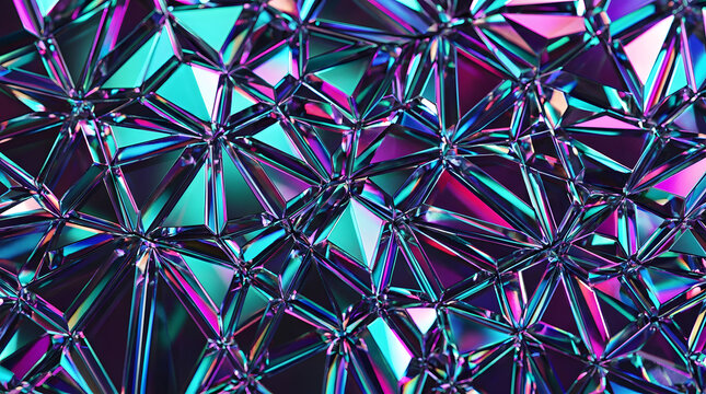Iridescent geometric crystal texture | Abstract low poly neon background | Futuristic 3D faceted glass surface | Holographic shattered diamond pattern
