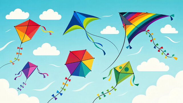 Colorful Rainbow Kite Flying in Blue Sky with White Clouds