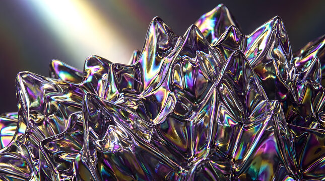 iridescent holographic ferrofluid abstract spikes|metallic liquid chrome 3d render background|prismatic reflective surface macro photography|futuristic dark rainbow texture design