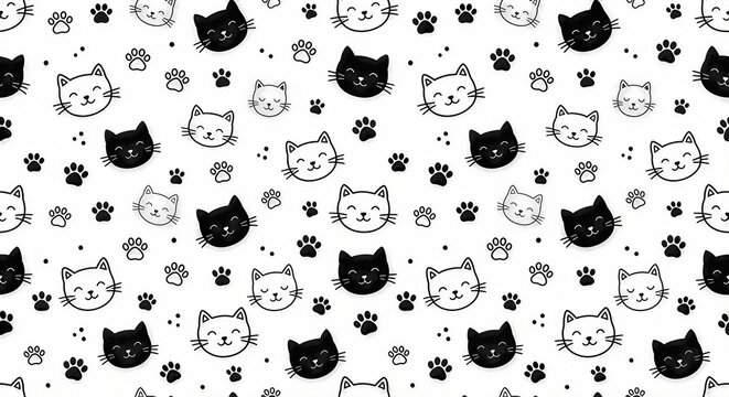 Minimal Cute Cat Face and Paw Seamless Pattern