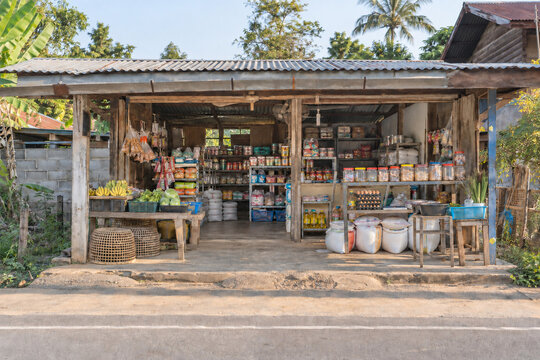 Rural Thai roadside grocery shop with everyday goods
