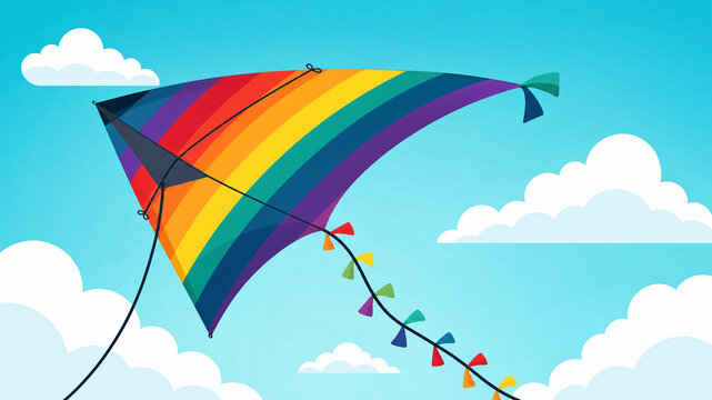Colorful Rainbow Kite Flying in Blue Sky with White Clouds