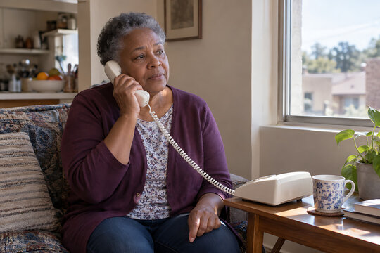Older woman making a landline call during a power outage