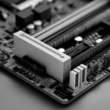 Motherboard computer black white electronic circuit technology connector closeup modern high fidelity realistic hardware