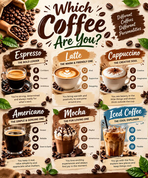 Educational coffee personality chart showing different coffee types with descriptive text espresso cappuccino americano beverages personality breakfast chocolate International coffee day