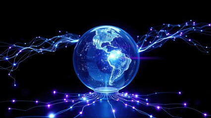 Fototapeta premium Glowing Earth surrounded by digital connections. Networks radiate from planet, representing global communication systems. Futuristic concept.