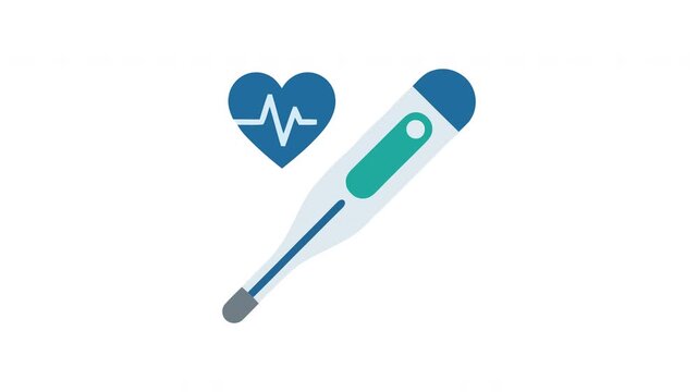 Digital medical thermometer device placed near a heart symbol with an electrocardiogram line to represent health monitoring and temperature assessment for patient wellness checkups in clinical