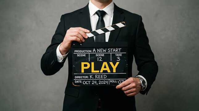 Person holding clapperboard with play command on film set