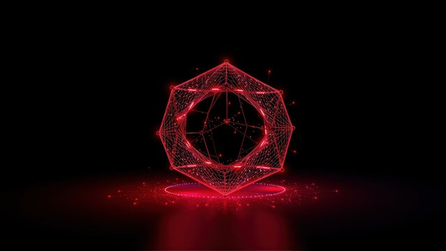 Red geometric shape floats above surface. Lines connect points creating hollow dodecahedron. Dark background emphasizes glowing structure.