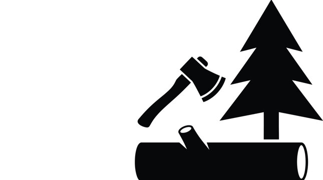 Minimalist black and white vector graphic illustration depicting a logging axe and pine tree 