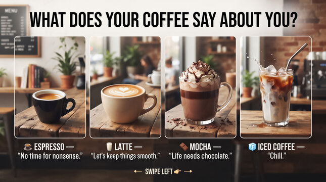 Collage of different coffee types with descriptive personality labels on a wooden table background espresso beverage caffeine personality selection refreshing International coffee day