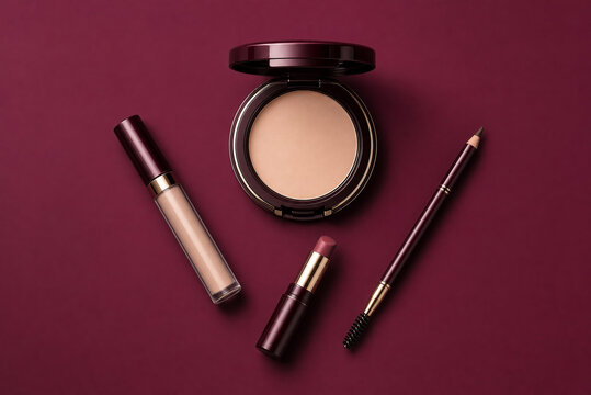Collection of makeup items featuring a compact powder, lipstick, lip gloss, and makeup brush on a burgundy background, suitable for beauty and cosmetics themes.