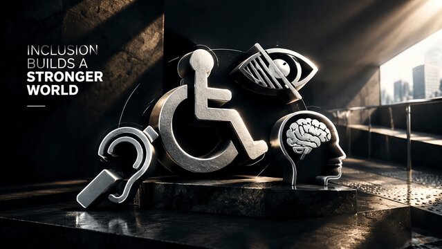Metallic disability awareness symbols on stone pedestal social