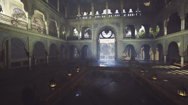 sunlit ottoman hammam interior with strong light rays cutting through haze, central marble slab and shallow pools reflecting beams, carved balconies