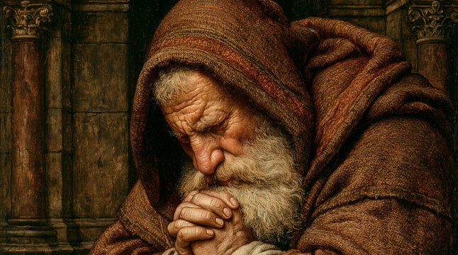  old man with a long beard and hooded cloak praying in church, 