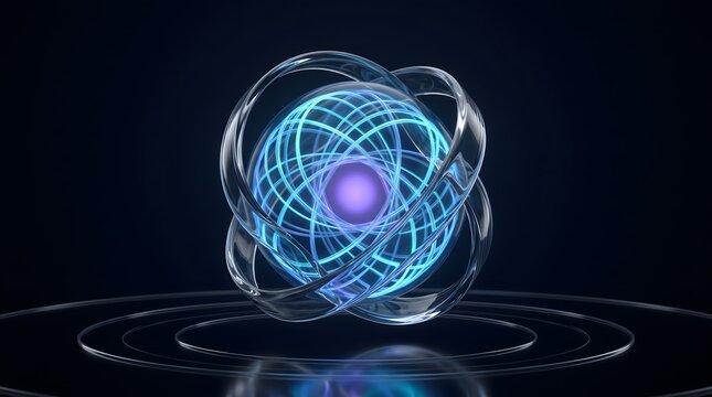 Glowing atomic quantum core with swirling orbital glass rings representing clean nuclear fusion energy and nanotechnology research