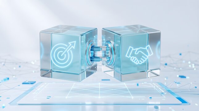 Strategic partnership and target goal achievement concept with glowing icons in crystal glass blocks over clean bright digital interface