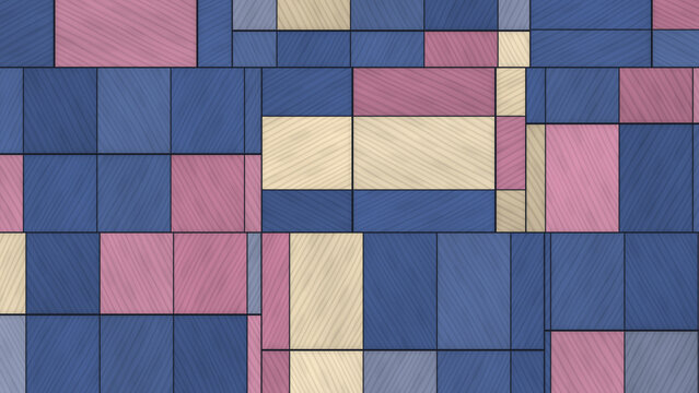 Geometric pattern with wood grain texture in blue, pink, and beige