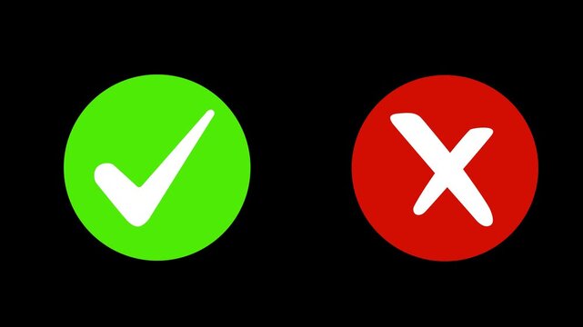 Green check mark and red cross circle icons for right wrong approved rejected decision and true false choice concept isolated on black background.