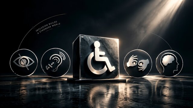 Wheelchair on stone cube with disability icons social inclusion