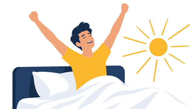 Wakingup Man Smiling and Stretching Arms in Bed Feeling Refreshed as Morning Sun Shines Brightly