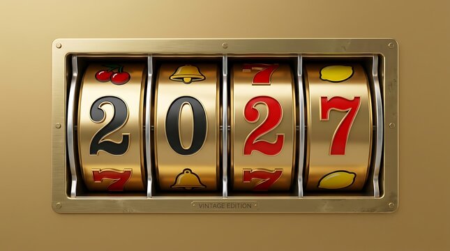 Golden Slot Machine with 2027 Vintage Numbers and Symbols