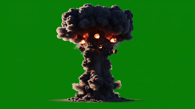 Nuclear explosion mushroom cloud developing in cinematic motion against green screen background for visual effects