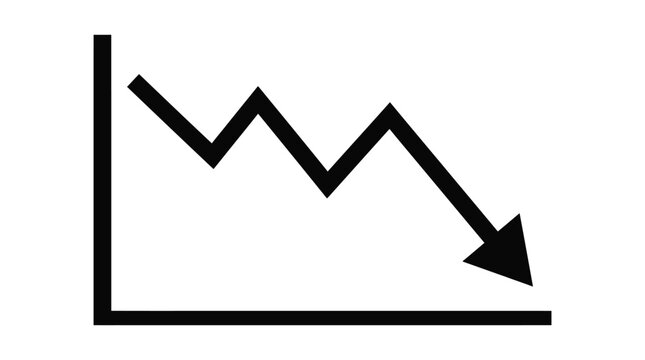 Minimalist black vector graphic showing financial decline with downward trending chart arrows illustrating economic losses