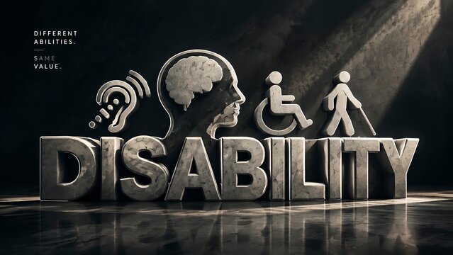 Disability awareness stone lettering with human icons social inclusion