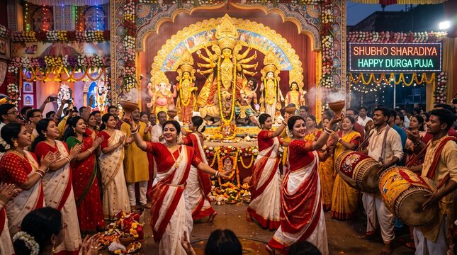 Durga puja celebration with traditional dance and rituals