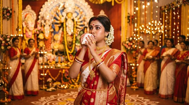 Bengali woman blowing conch shell during durga puja celebration