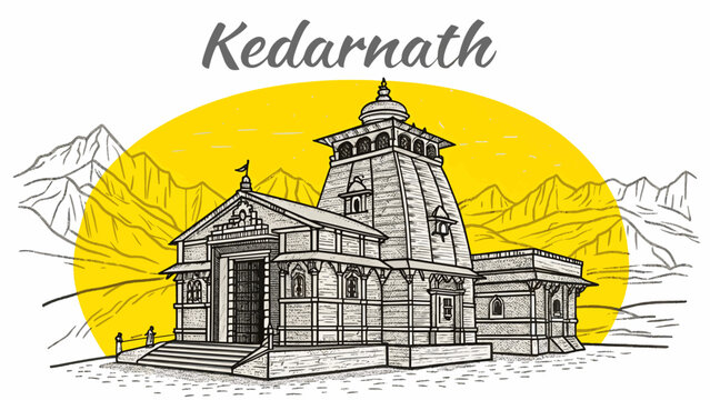 Kedarnath Temple Vector Line Art Illustration, Indian Hindu Pilgrimage Landmark,