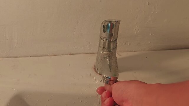 a person's hand turning on a chrome faucet and running water over their hand in a white sink. Concept of hand hygiene, water usage, sanitation, daily routine, and disease prevention