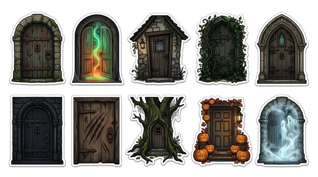 Set of ten spooky haunted doors and entrance sticker designs featuring ghosts magic portal and autumn pumpkins for Halloween decorations