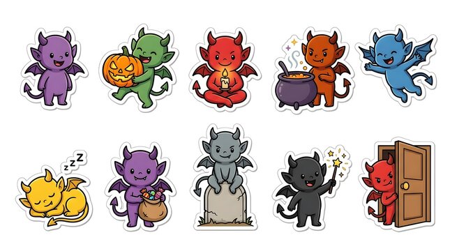 Set of cute little devil character stickers for Halloween celebrations featuring various colorful imp poses and magical items on white