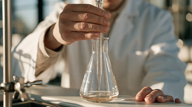 Close up of calloused hands belonging to an experienced lab technician carefully titrating a solution with a burette over an Erlenmeyer flask, color change visible in the