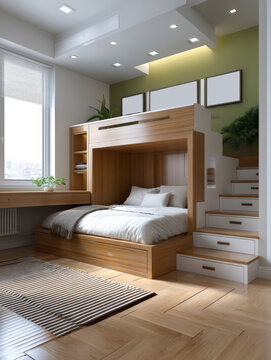 Modern wooden loft bed with storage, white bedding, green accent wall, natural light, cozy and organized space