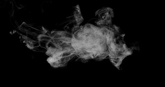 Detailed white smoke formation isolated on black background. Abstract swirling vapor with realistic texture and smooth flowing shapes, ideal for creative design, overlays and visual effects.