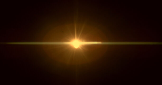 Golden anamorphic lens flare overlay featuring a warm horizontal light streak, realistic optical reflections and subtle glow on a black background. Premium VFX asset for compositing and film editing.