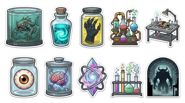 Set of ten colorful sticker illustrations featuring spooky monster laboratory elements mad scientist equipment and magical creatures
