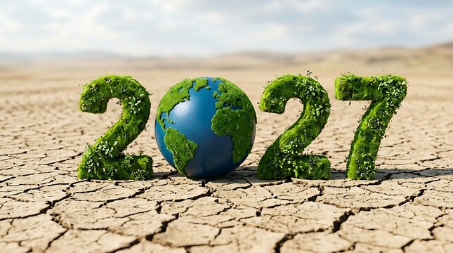 New Year 2027 Hopeful Green Globe in Dry Landscape
