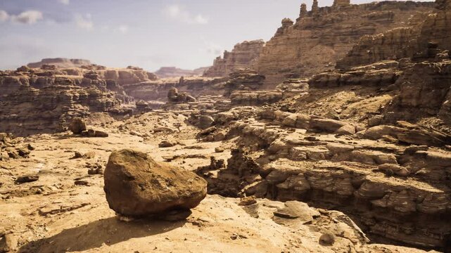 Aerial canyon panorama captured from drone with steep cliffs and winding gullies, high viewpoint reveals topography and contour patterns, ideal for mapping,