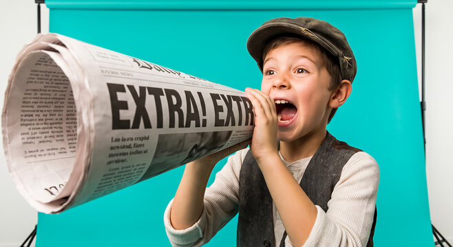 Young boy shouting through rolled newspaper like a newsboy, bright teal background, expressive face. Journalism, retro concept, childhood, media communications.