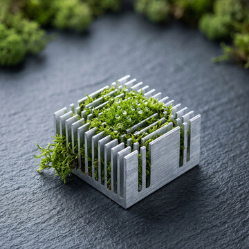 Moss growing between aluminium heatsink fins green computing sustainability concept, bird's-eye view with copy space at top