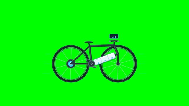 Clean 2D motion graphic showing a conventional bicycle being upgraded with an electric battery, motor and control display before transforming into an electric bike with fast-spinning wheels. 