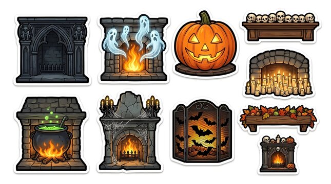 Set of decorative Halloween fireplace stickers with pumpkins ghosts skulls and spooky cauldron elements for seasonal holiday interior decor