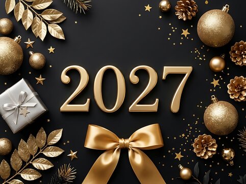 Golden 2027 New Year Celebration with Ornaments and Gift