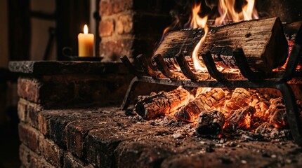 Fototapeta premium A close up view of a fireplace with burning logs and a lit candle on a brick mantel. The concept is warmth, relaxation, and home ambiance, perfect for themes of comfort and tranquility. Generative AI.
