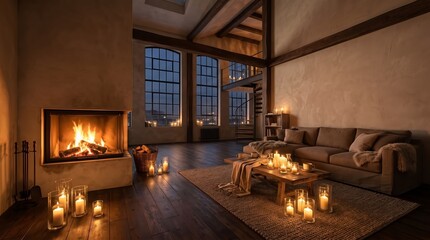 Obraz premium The image shows a cozy loft living room with a fireplace and numerous candles creating a warm ambiance. Concept is perfect for themes of comfort, relaxation, hygge, and interior design. Generative AI.