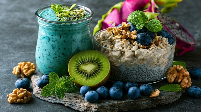A healthy breakfast composition featuring a blue spirulina smoothie beside overnight oats, chia pudding, kiwi, blueberries, dragon fruit, walnuts, and fresh mint arranged on natural stone